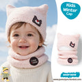 Cute Pink Bear Ear Kids Plush Beanie & Neck Warmer Set