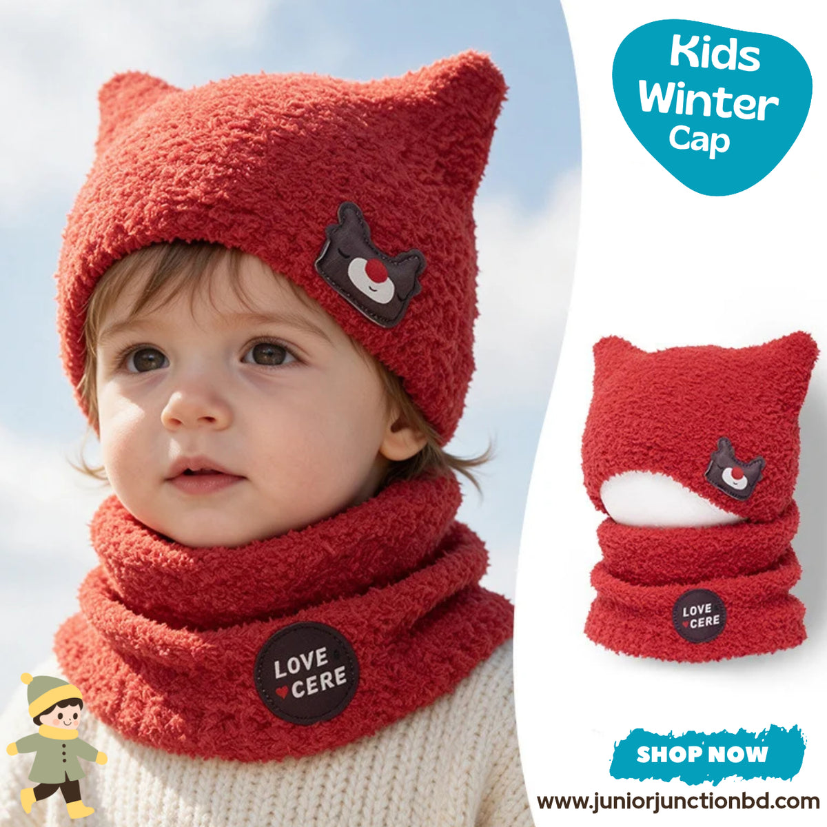 Cute Red Bear Ear Kids Plush Beanie & Neck Warmer Set