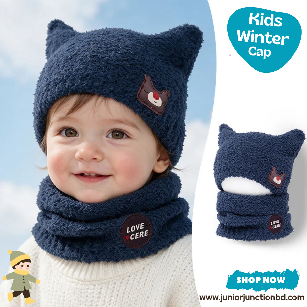 Cute Navy Blue Bear Ear Kids Plush Beanie & Neck Warmer Set