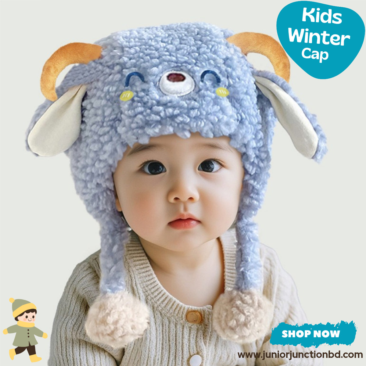 Cute Blue Ram Horns & Lamb Ears Kids Plush Trapper Hat