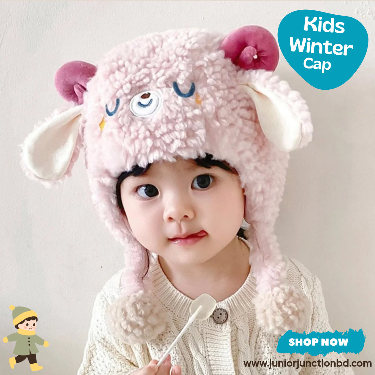 Cute Pink Ram Horns & Lamb Ears Kids Plush Trapper Hat