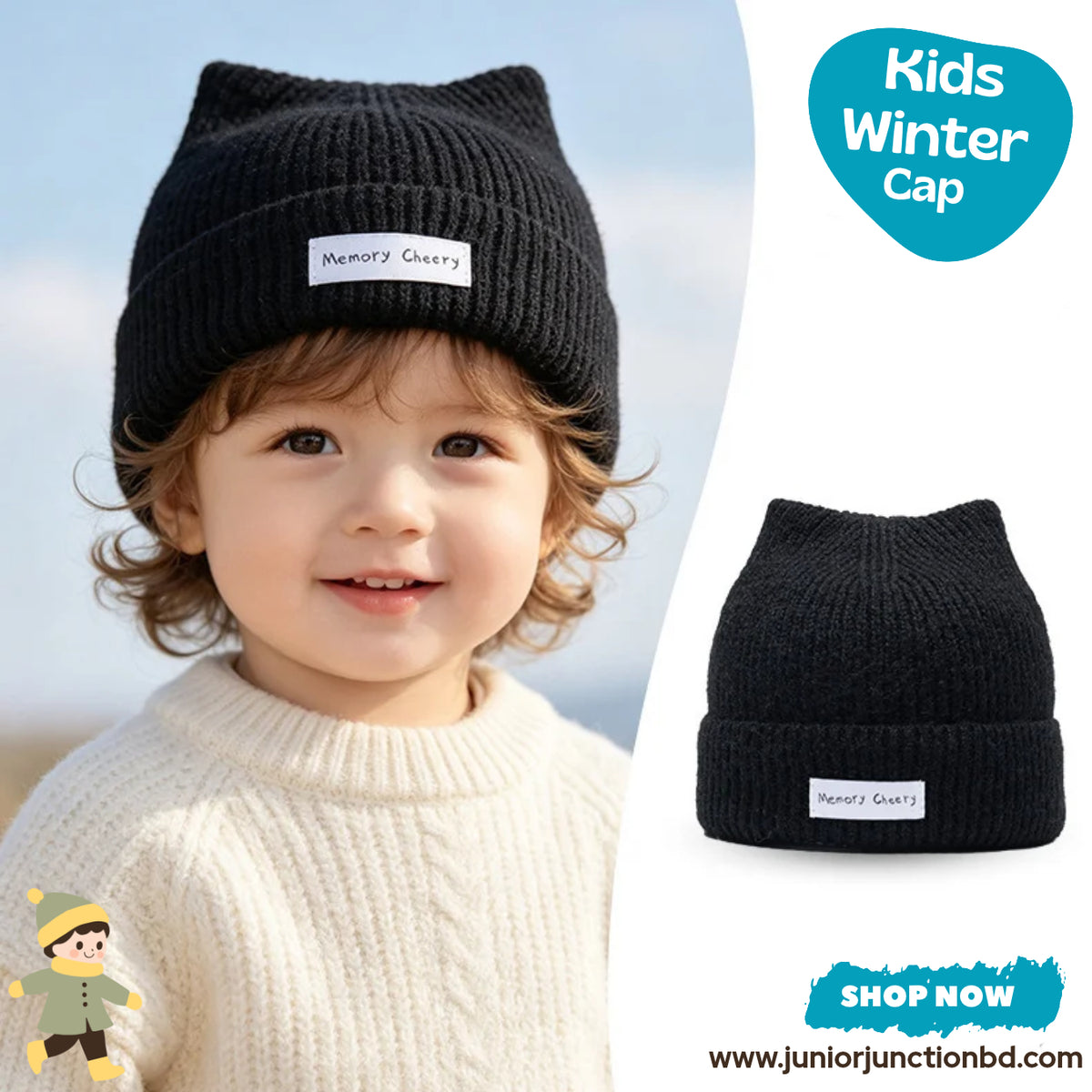 Cozy Black Cat Ear Ribbed Knit Kids Winter Beanie