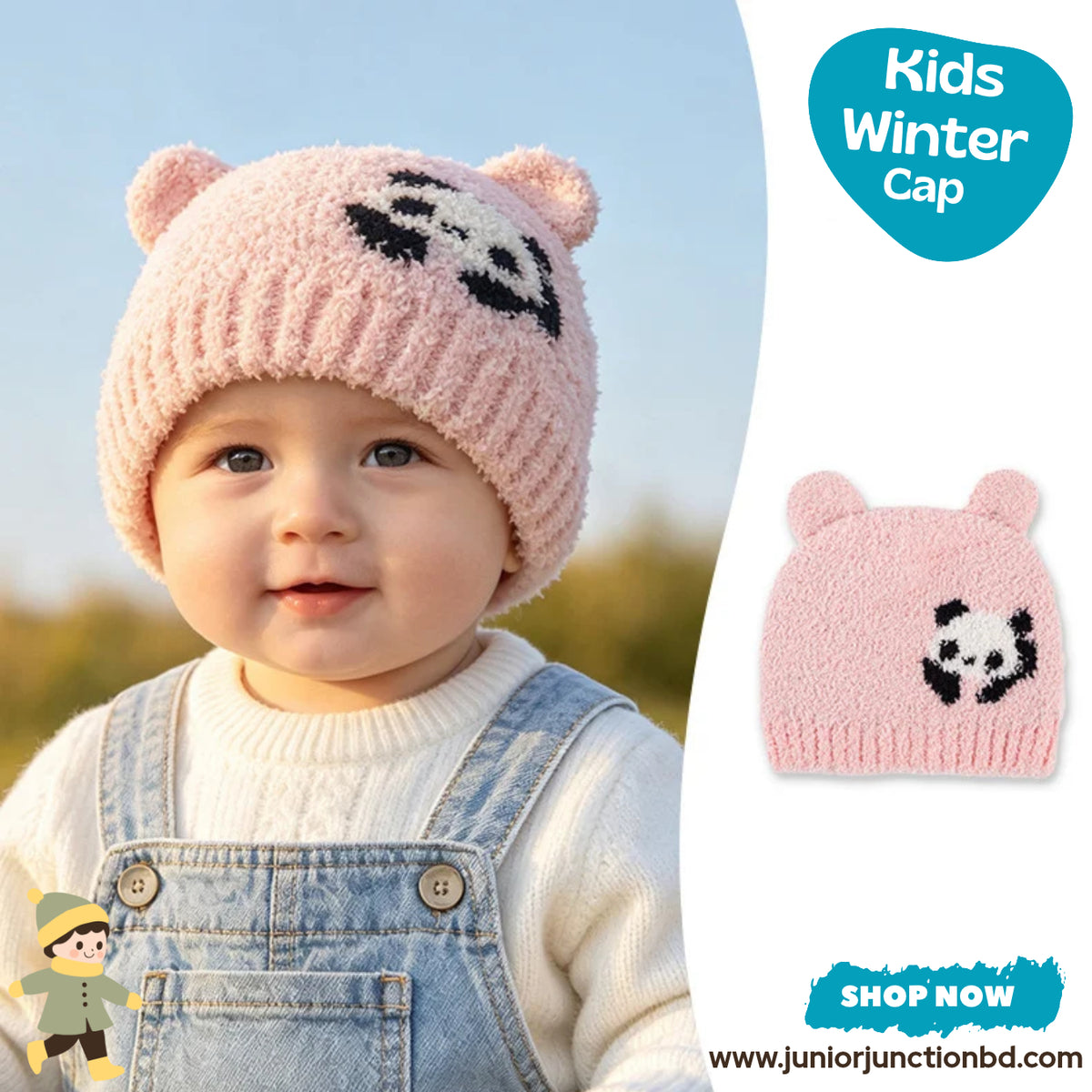 Cute Pink Panda Bear Kids Plush Knit Beanie Cap