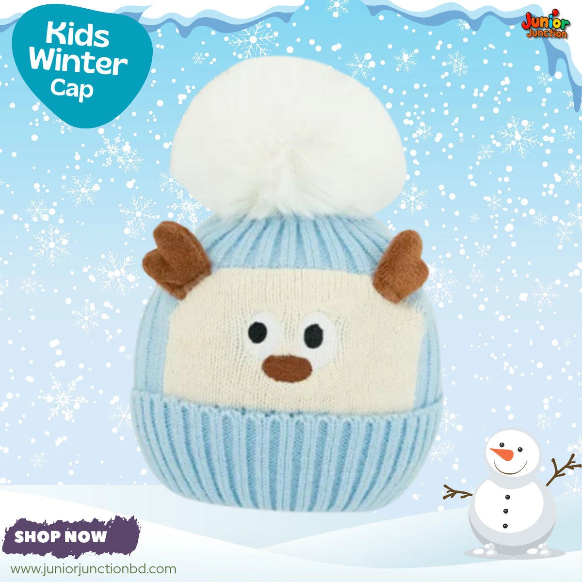 Cute Blue Reindeer Kids Pom-Pom Knit Beanie Cap