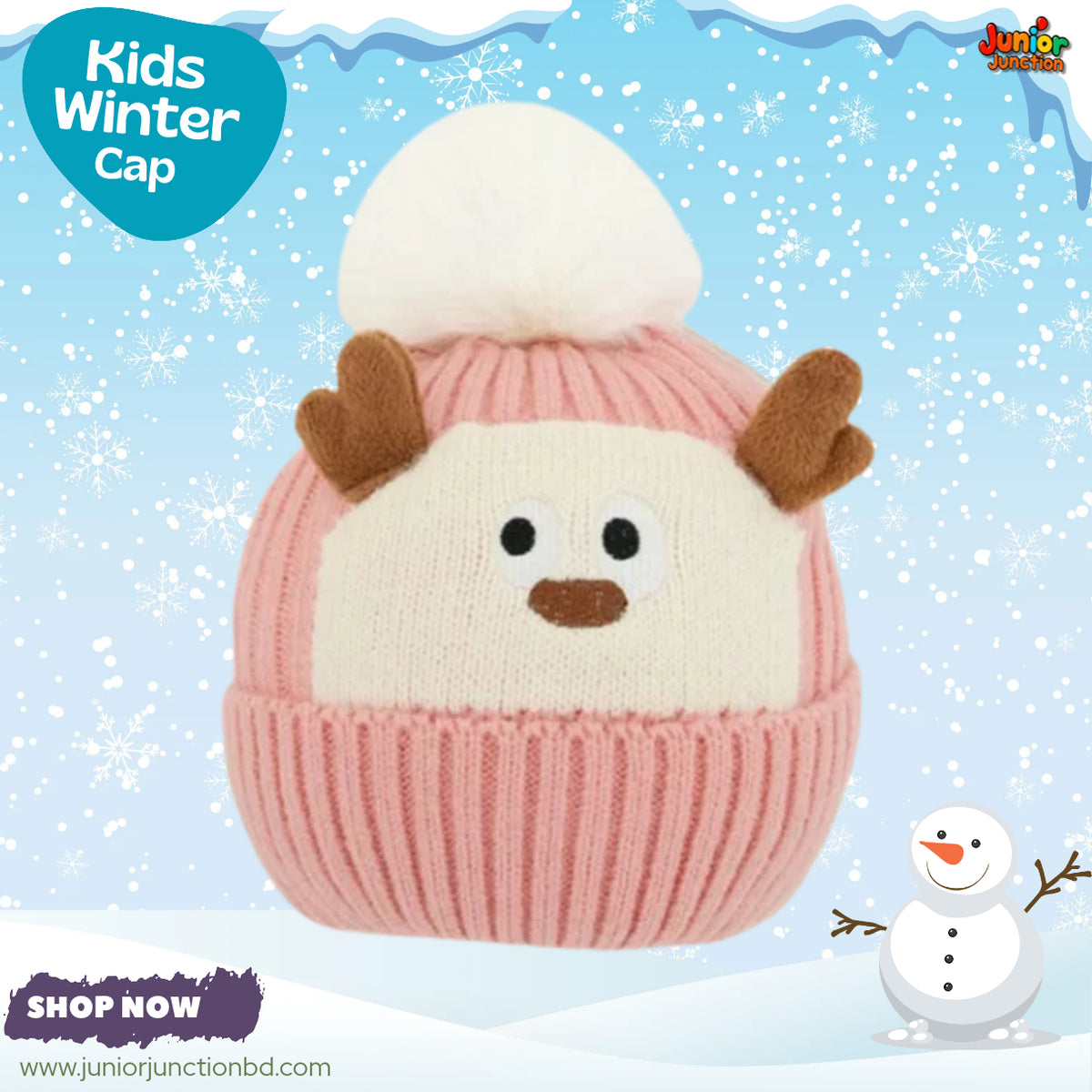 Cute Pink Reindeer Kids Pom-Pom Knit Beanie Cap