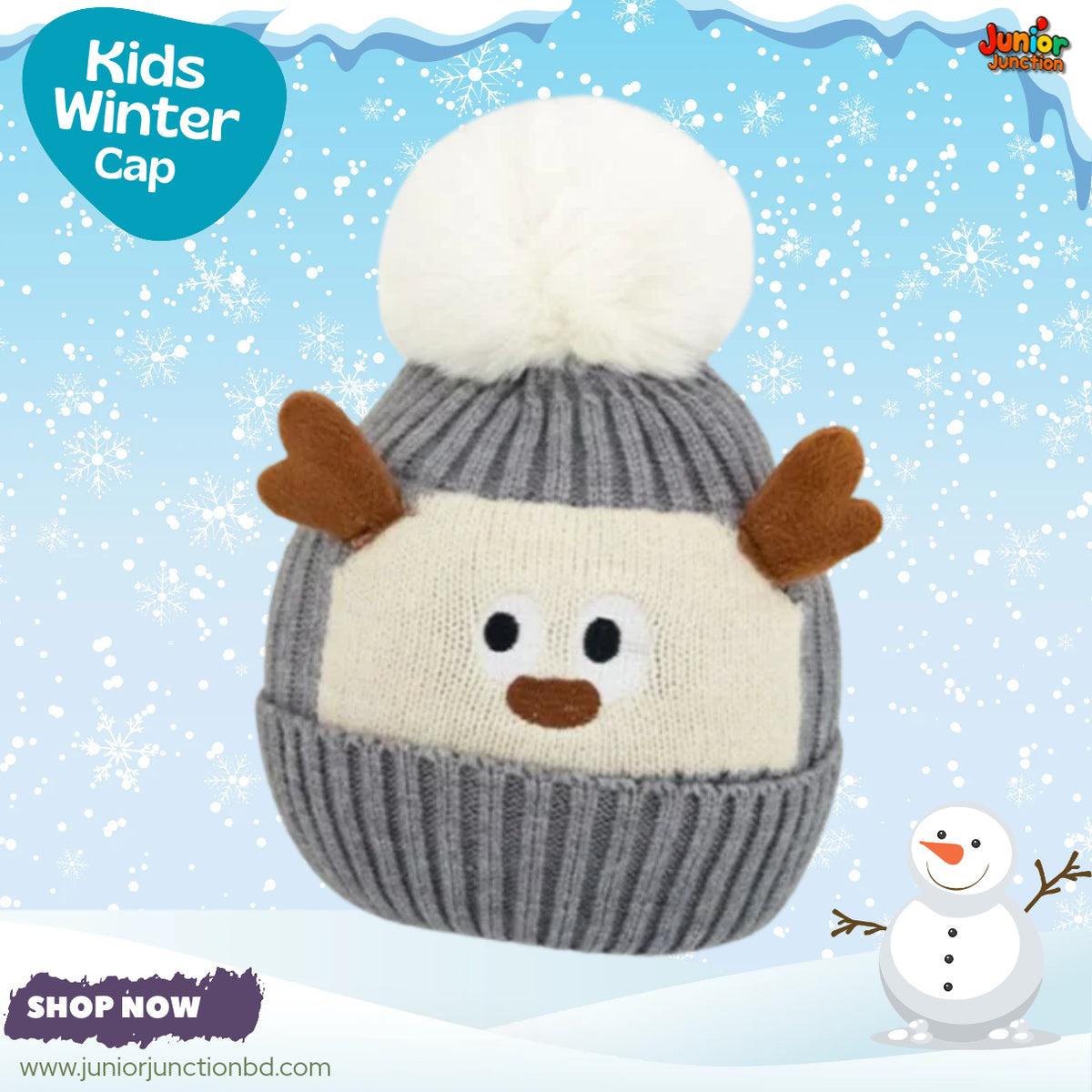 Cute Grey Reindeer Kids Pom-Pom Knit Beanie Cap