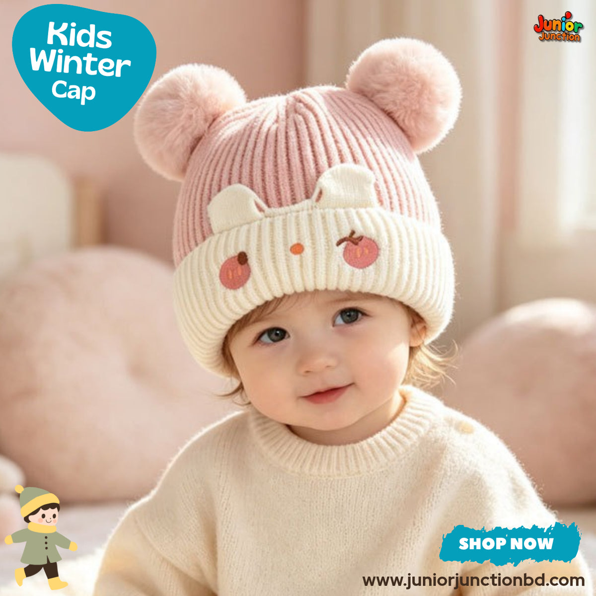 Cute Pink Dual Pom-Pom Bunny Kids Ribbed Knit Beanie Cap