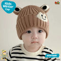 Cute Brown Frog Eyes Kids Ribbed Knit Beanie Cap