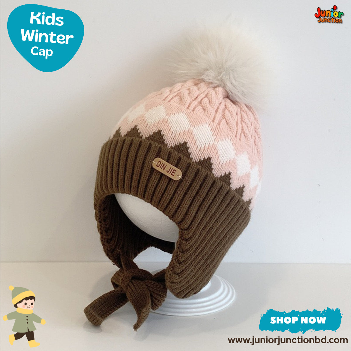 Charming Pink & Brown Argyle Earflap Kids Winter Knit Cap