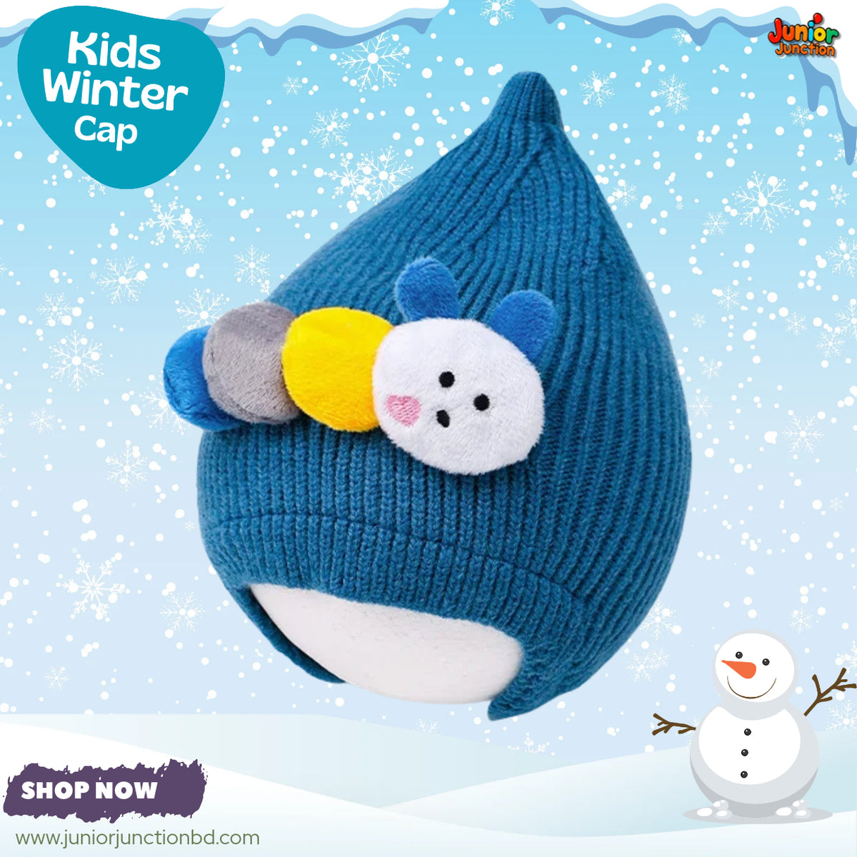 Cute Teal Blue Caterpillar Earflap Pointed Knit Kids Winter Bonnet