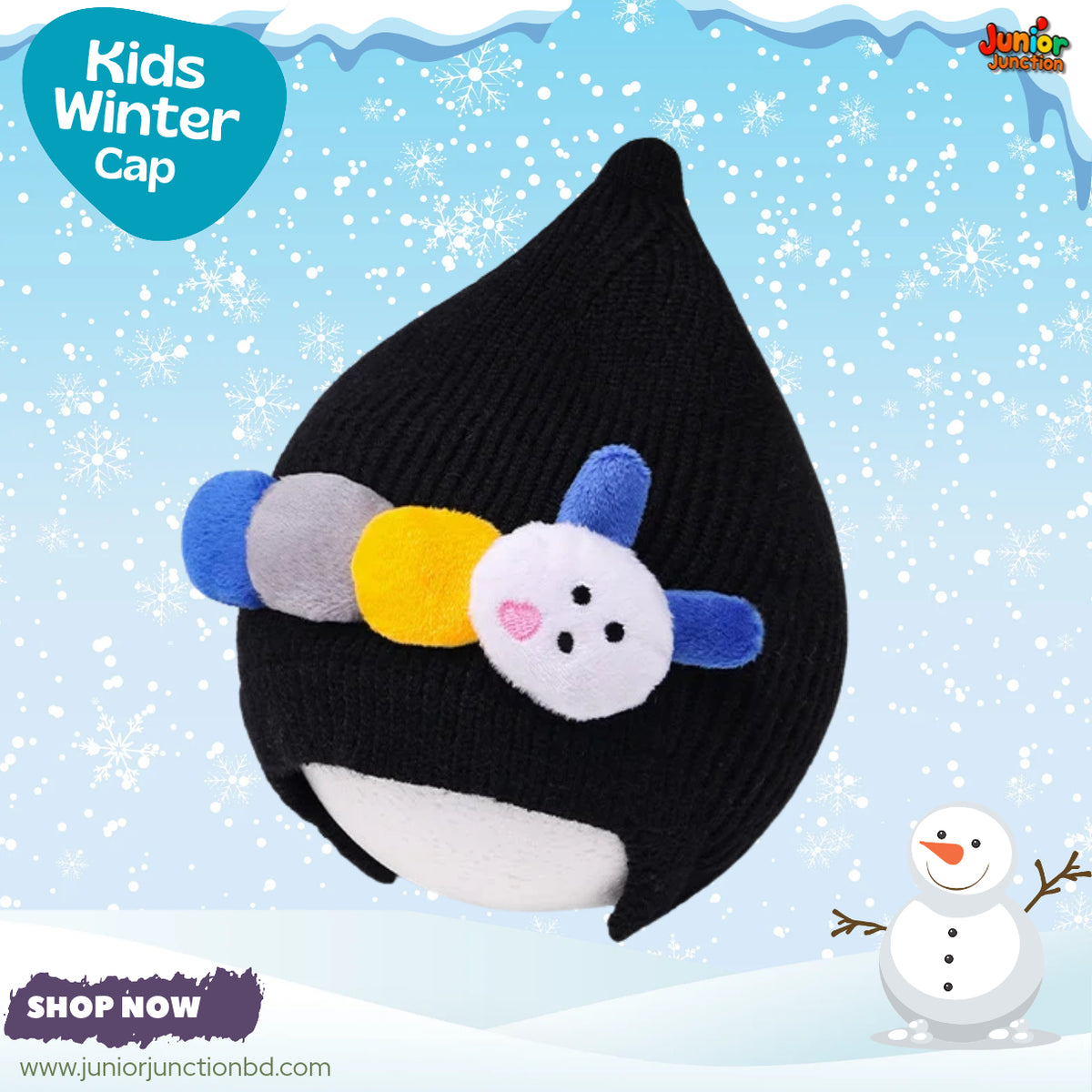 Cute Black Caterpillar Earflap Pointed Knit Kids Winter Bonnet