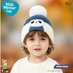 Cute Blue Panda Kids Pom-Pom Knit Beanie Cap