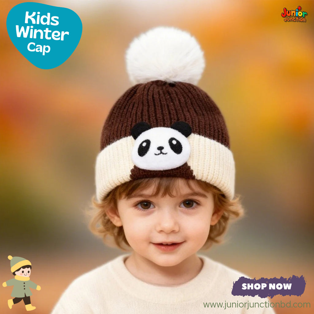 Cute Brown Panda Kids Pom-Pom Knit Beanie Cap