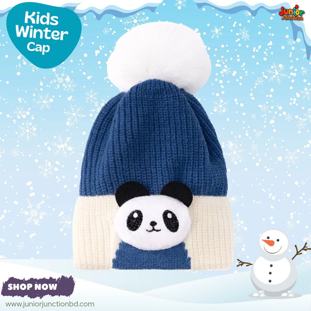 Cute Blue Panda Kids Pom-Pom Knit Beanie Cap