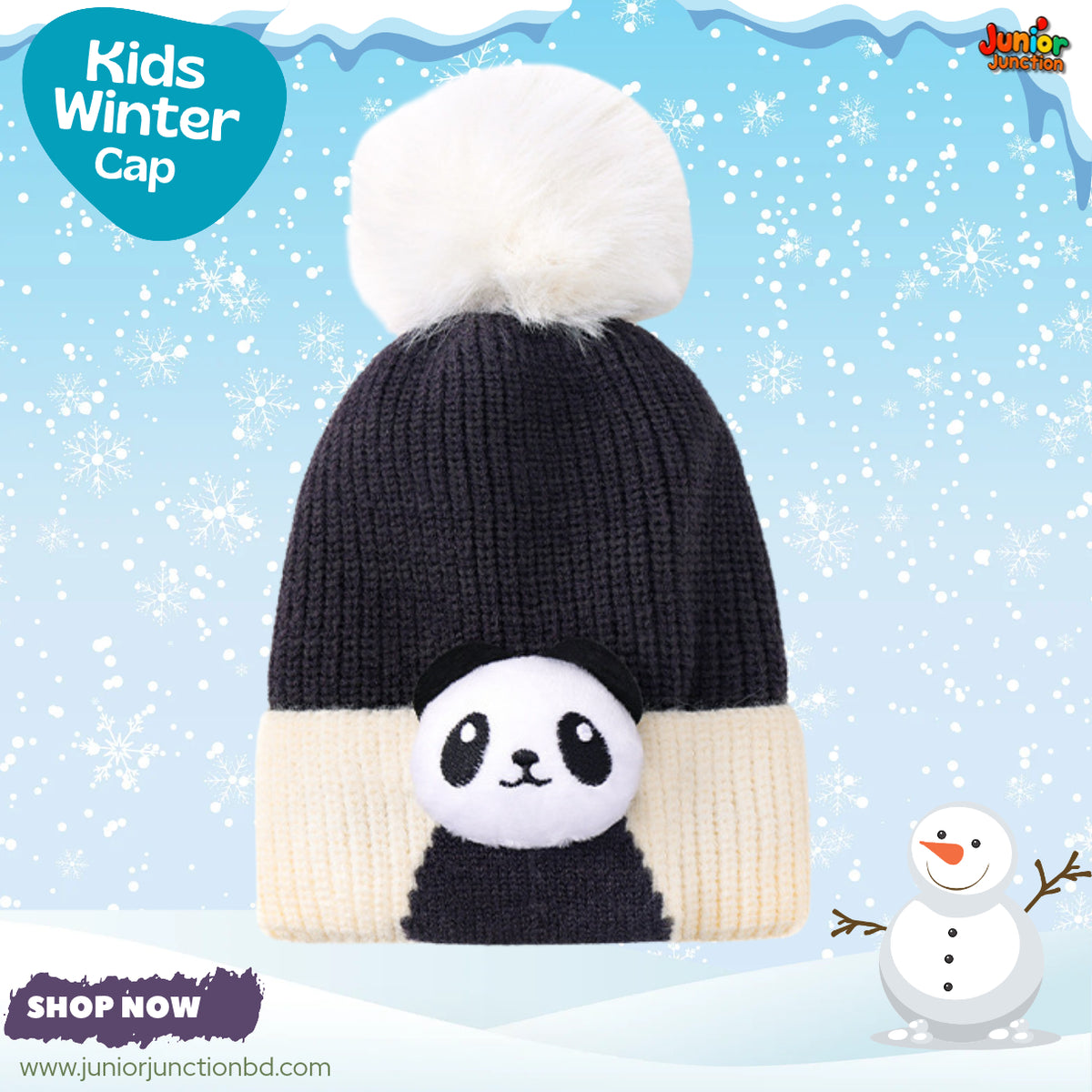 Cute Black Panda Kids Pom-Pom Knit Beanie Cap