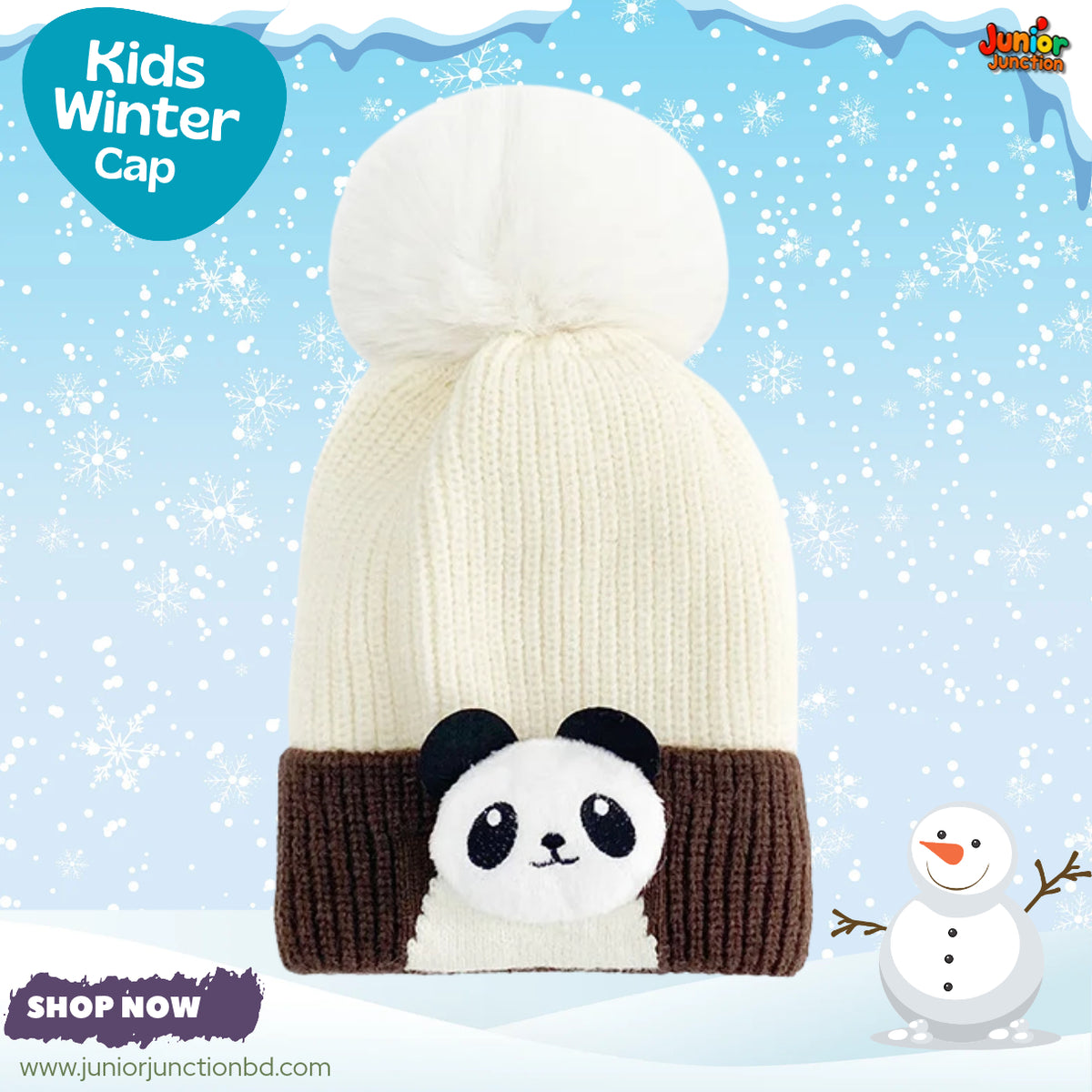 Cute Cream & Brown Panda Kids Pom-Pom Knit Beanie Cap