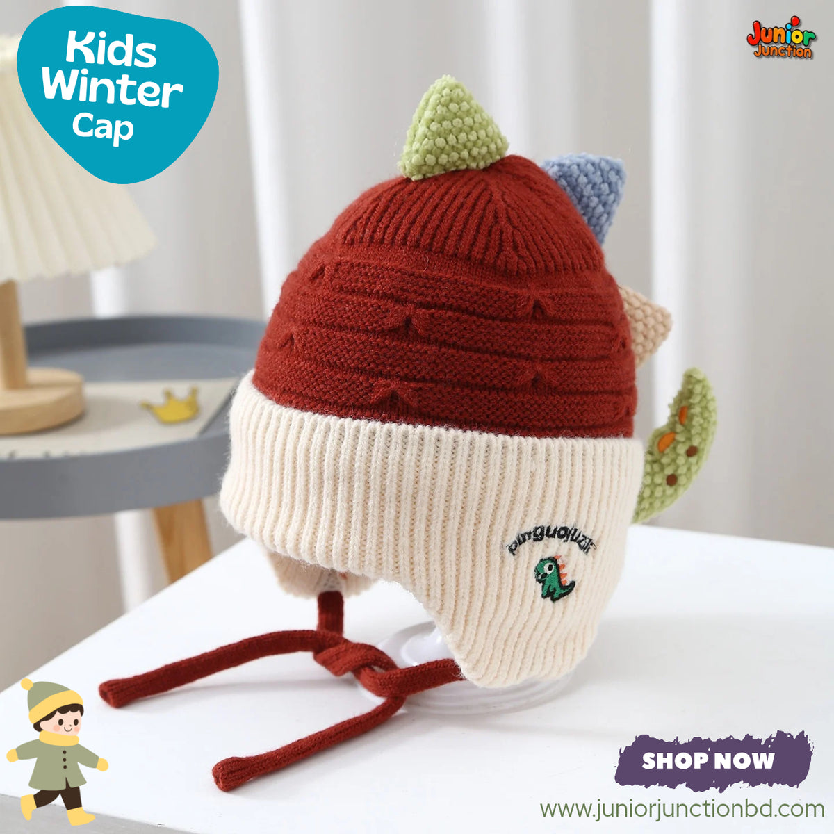 Cute Red Dinosaur Spikes Earflap Kids Knit Winter Beanie
