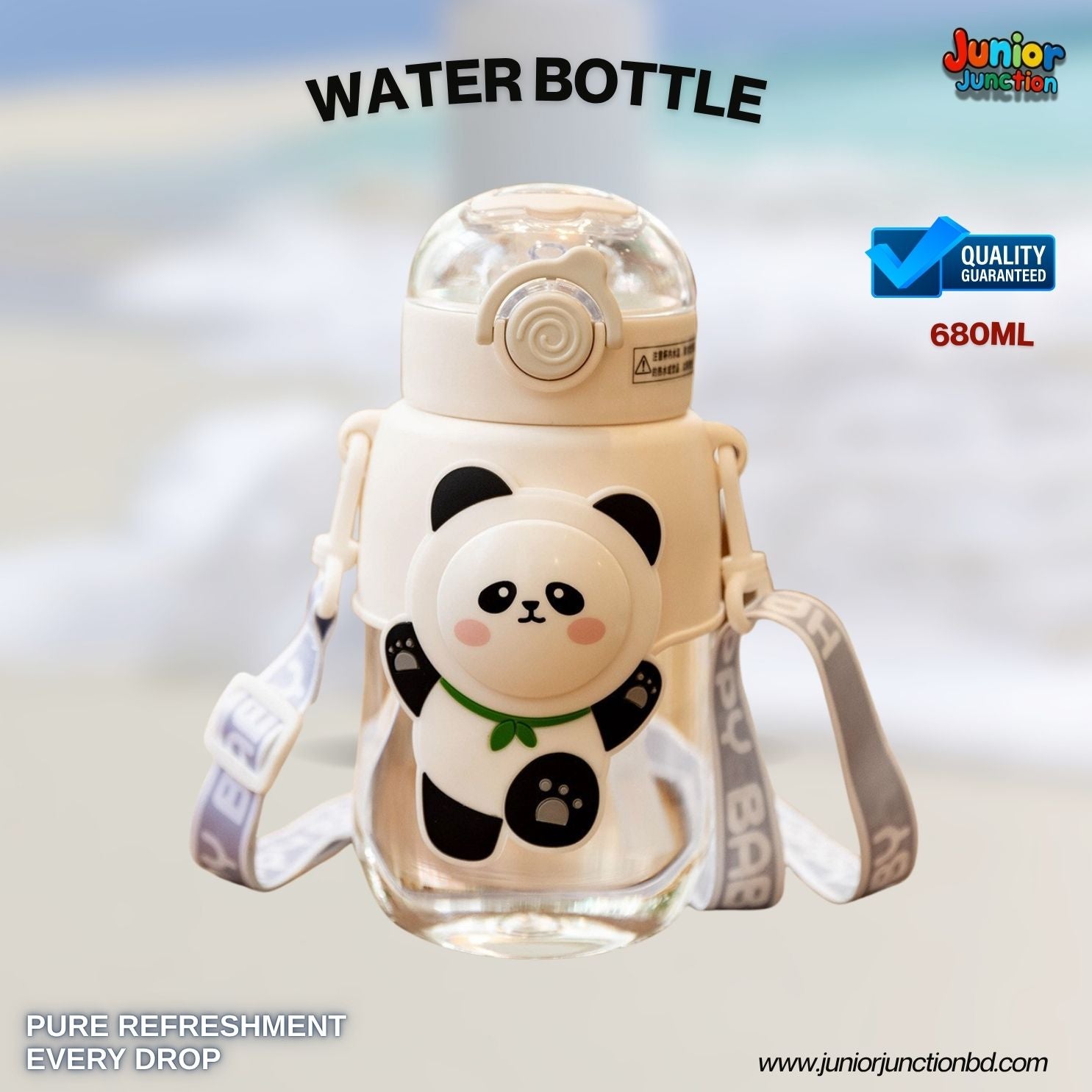 Playful Panda Silicone Sleeve Kids Water Bottle (Creamy Off-White)