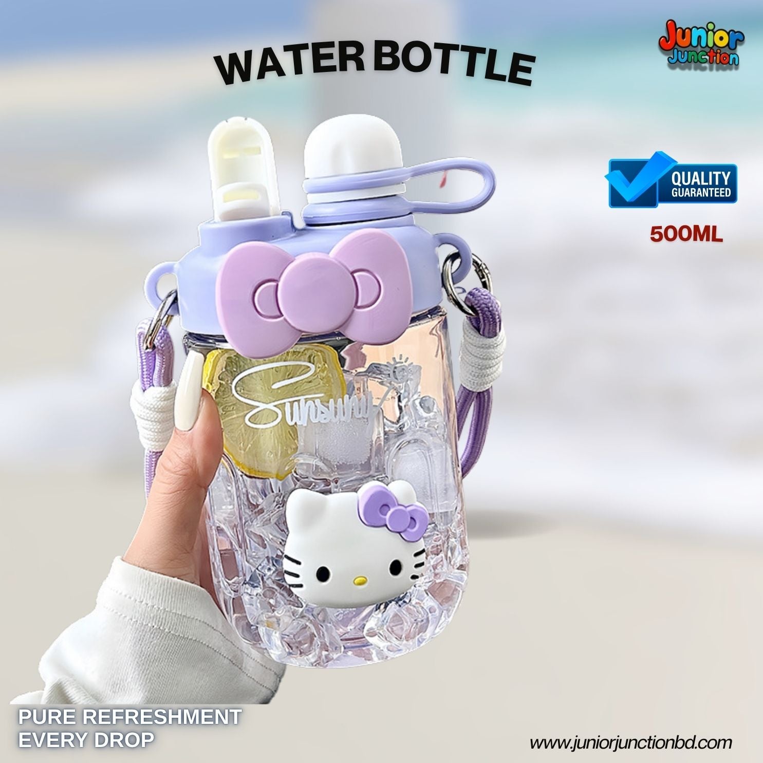 Pastel Bow Kitten Dual-Spout Kids Water Bottle (Lavish Purple)