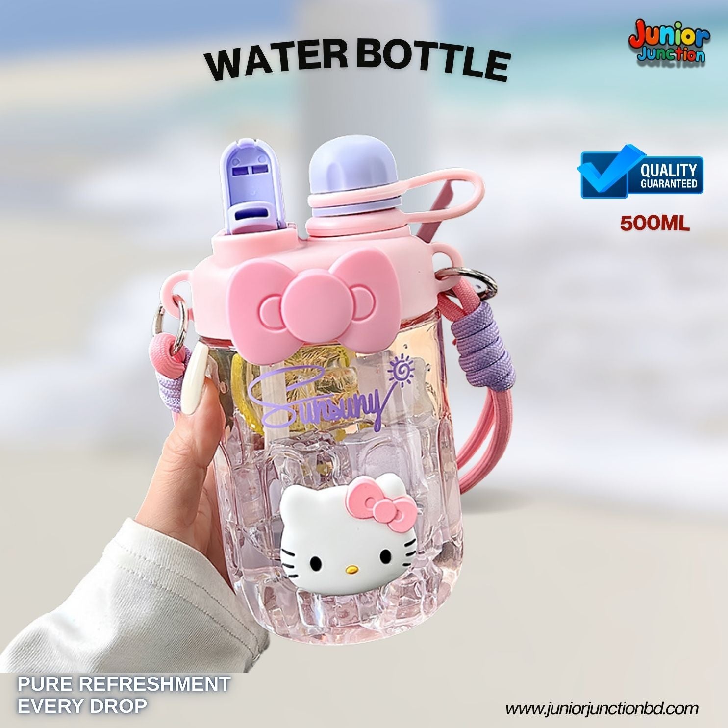 Pastel Bow Kitten Dual-Spout Kids Water Bottle (Blush Pink)