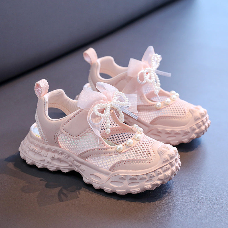 👟 Kids Pearl Elegance Princess Sneakers – Rose Pink & Organza Bow