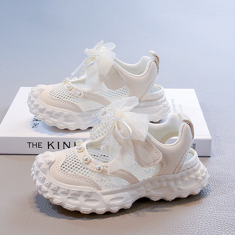 👟 Kids Pearl Elegance Princess Sneakers – Ivory Cream & Organza Bow
