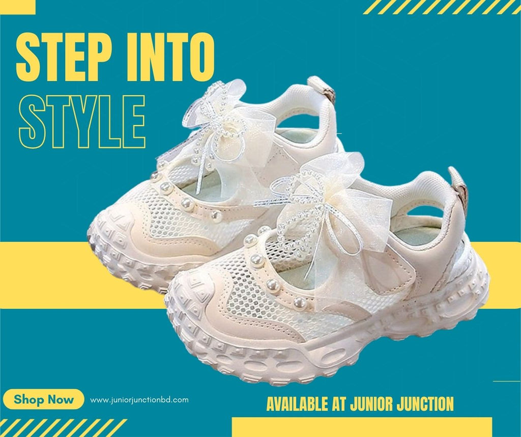 👟 Kids Pearl Elegance Princess Sneakers – Ivory Cream & Organza Bow