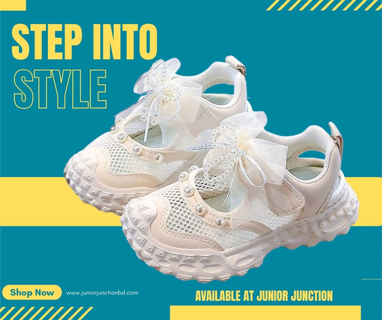 👟 Kids Pearl Elegance Princess Sneakers – Ivory Cream & Organza Bow