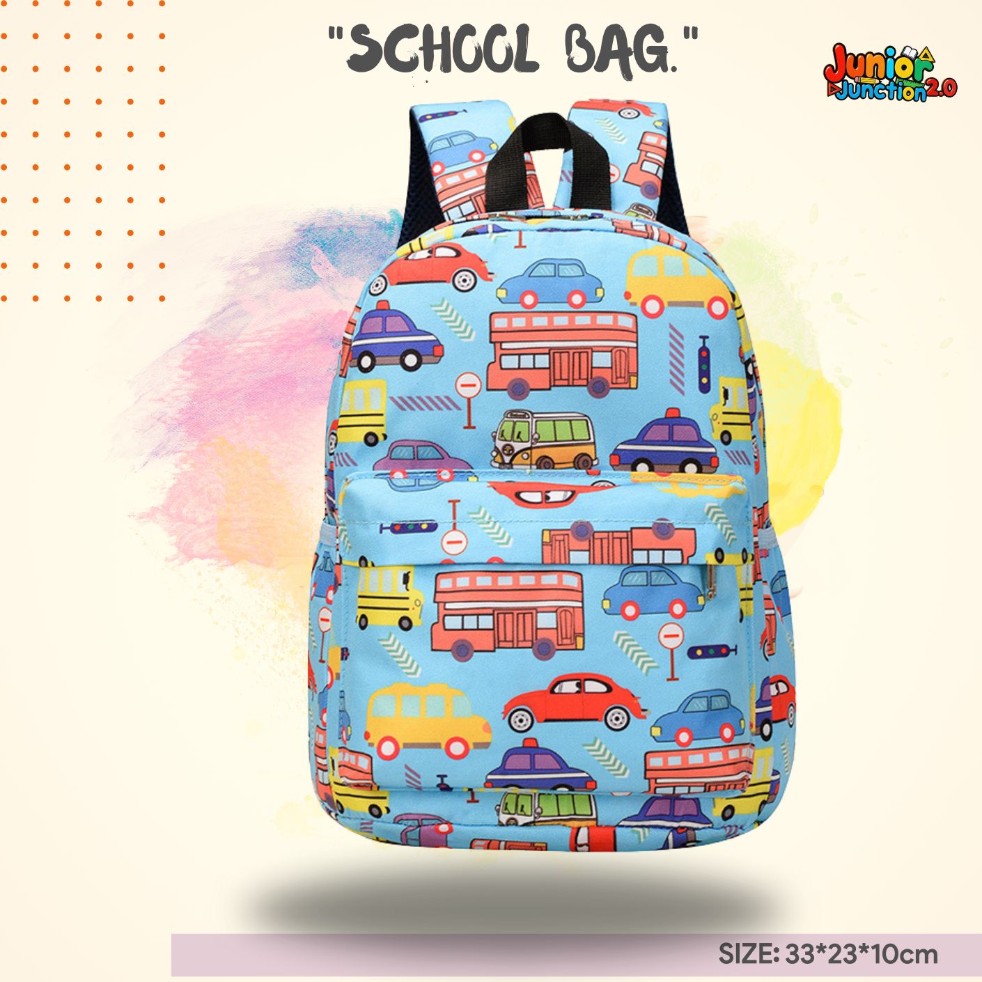 🚙 Transport & Vehicles Theme Premium Toddler School Bag (Light Blue)