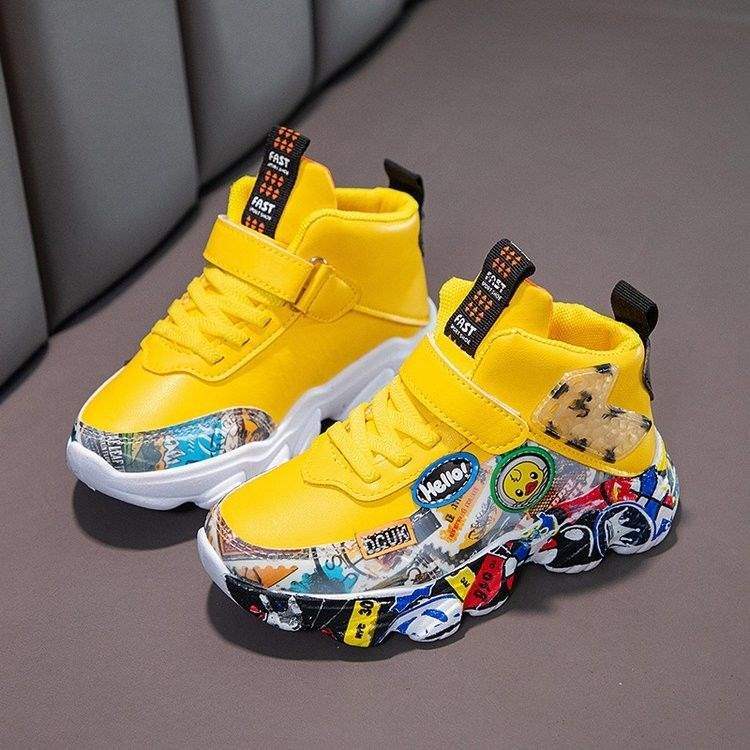 👟 Kids Street Culture Mid-Top Sneakers – Cyber Yellow & Graffiti Pop