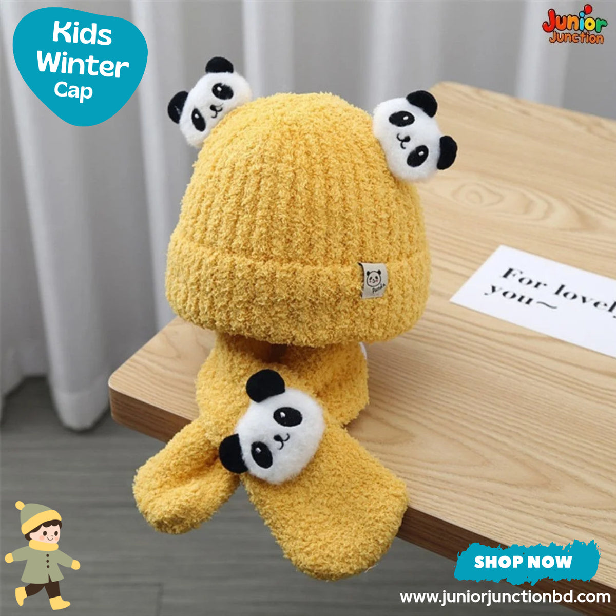 Cute Yellow Panda Accent Kids Plush Beanie & Scarf Set