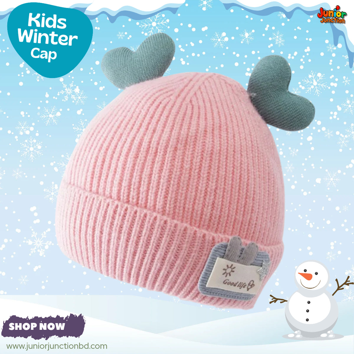 Cute Pink Heart-Antler Kids Winter Knit Beanie Cap