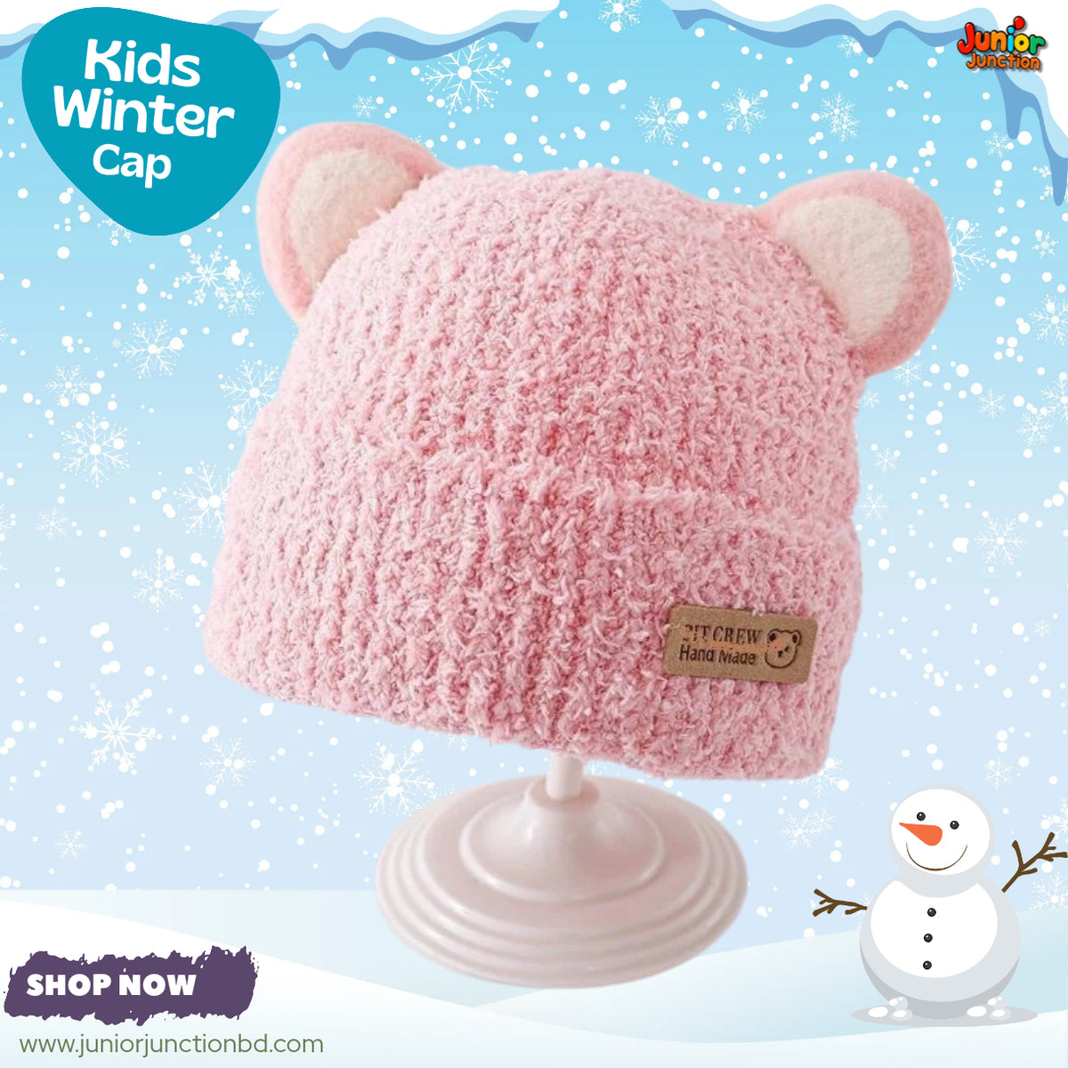 Cute Pink Bear Ear Kids Winter Plush Beanie Cap