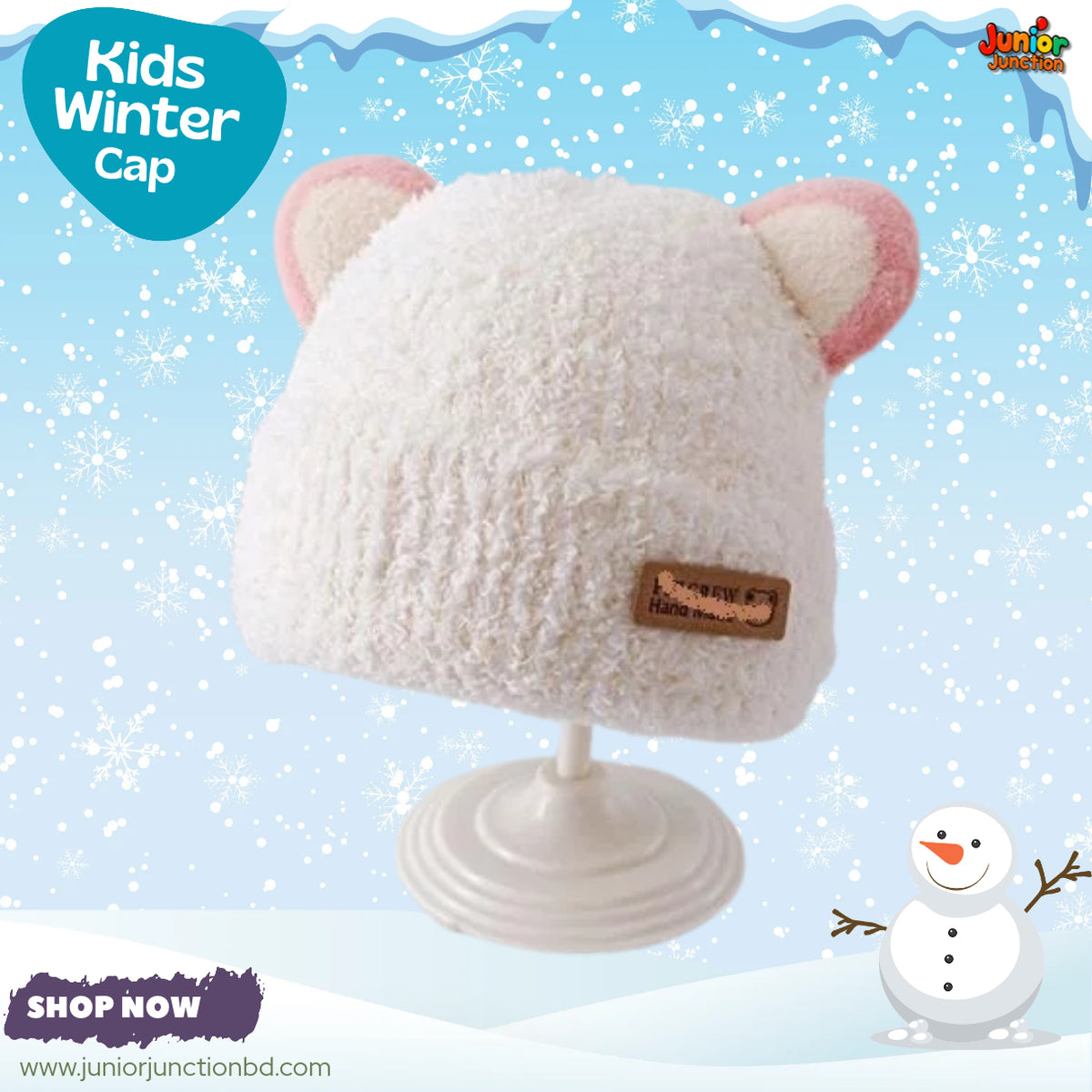 Adorable White & Pink Bunny Ear Kids Winter Plush Beanie Cap