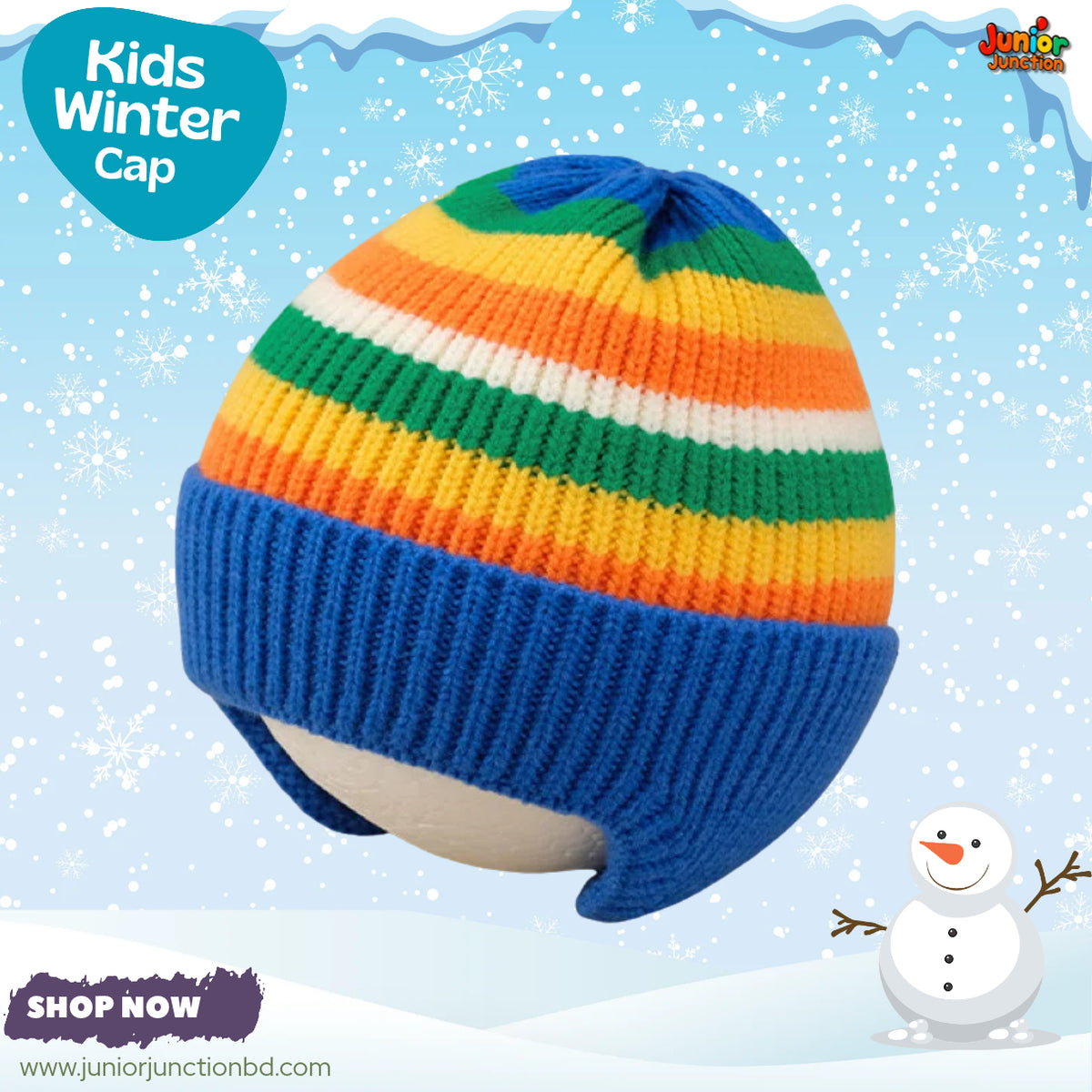 Colorful Rainbow Striped Blue Earflap Kids Winter Knit Cap