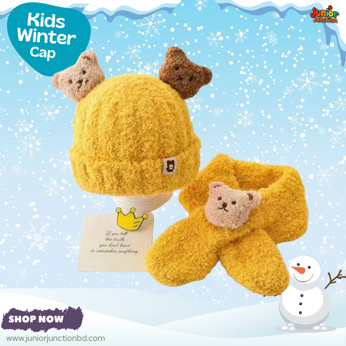 Cute Yellow Teddy Bear Kids Plush Beanie & Scarf Set