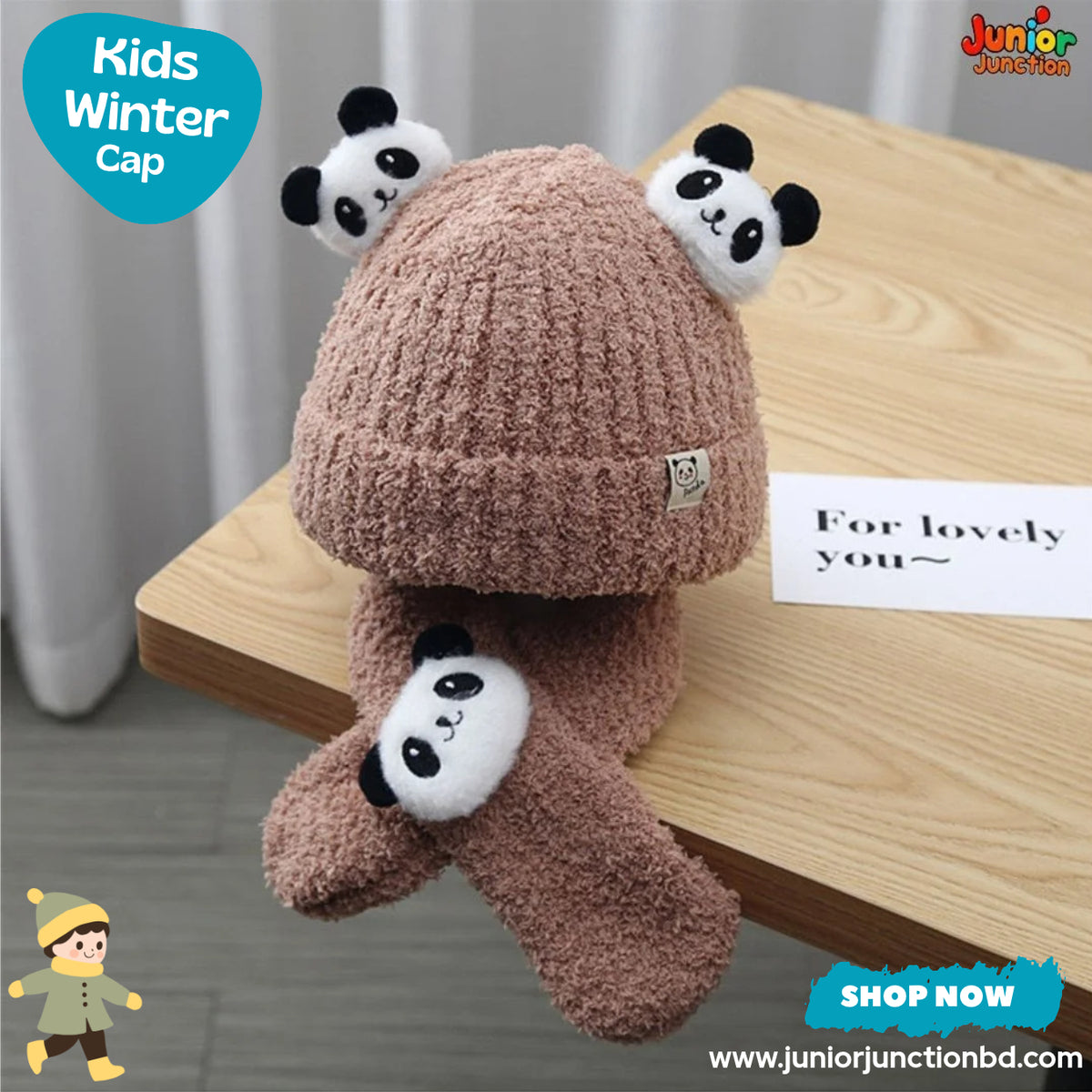 Cute Brown Panda Accent Kids Plush Beanie & Scarf Set