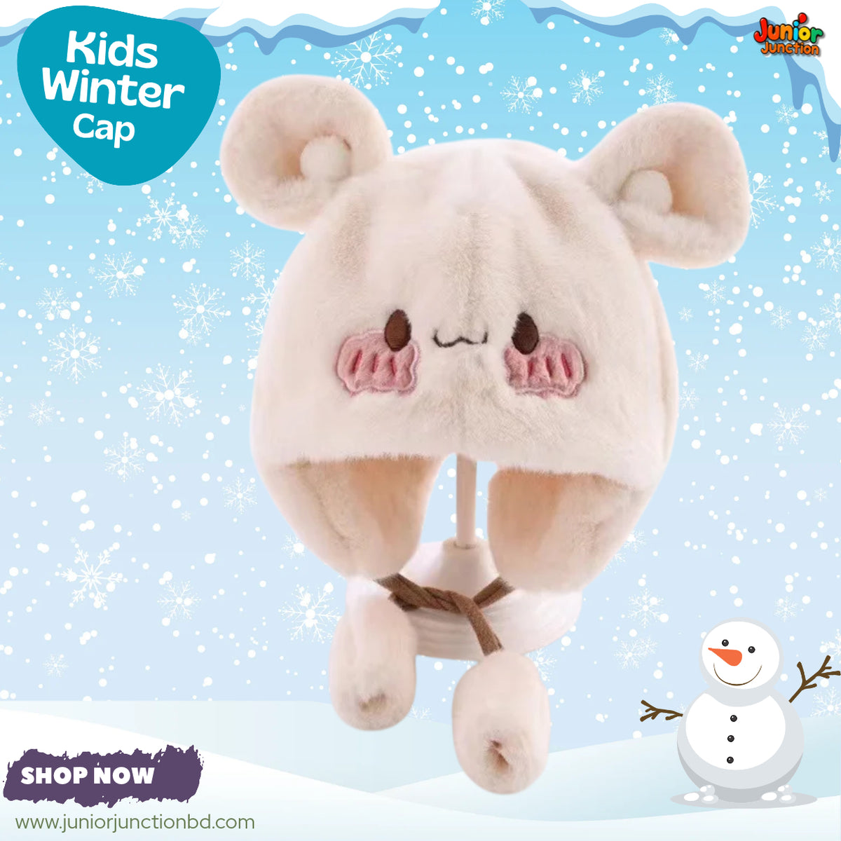 Cute Cream Plush Bear Earflap Kids Winter Trapper Cap
