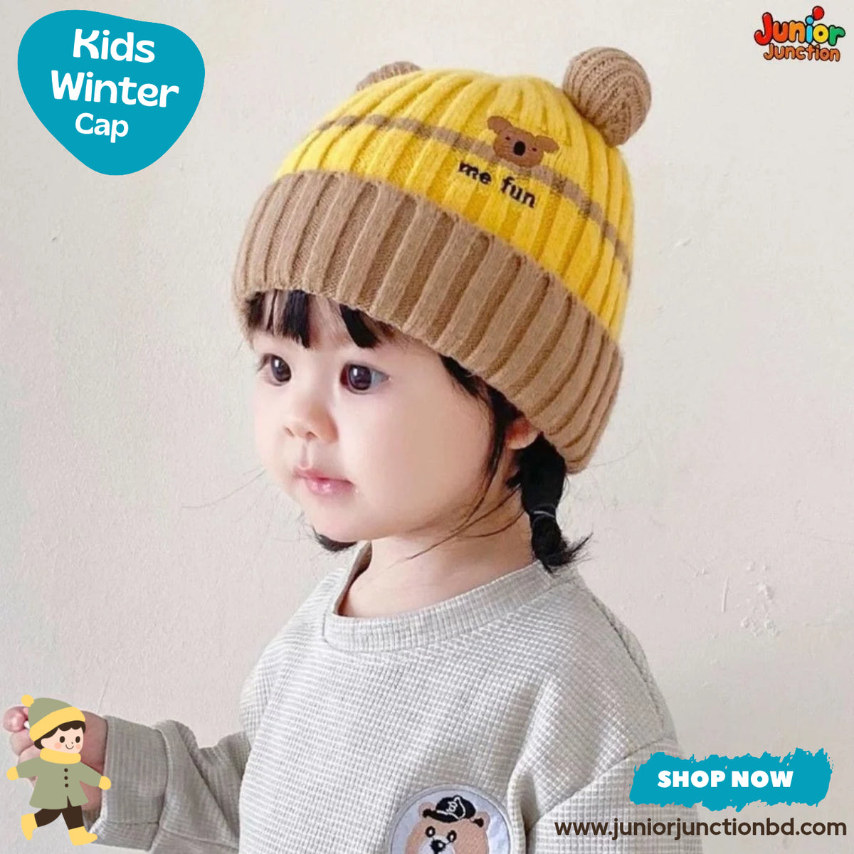 Cute Yellow Bear Ear Kids Winter Knit Beanie Cap