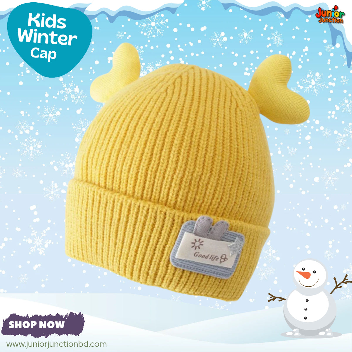 Cute Yellow Heart-Antler Kids Winter Knit Beanie Cap
