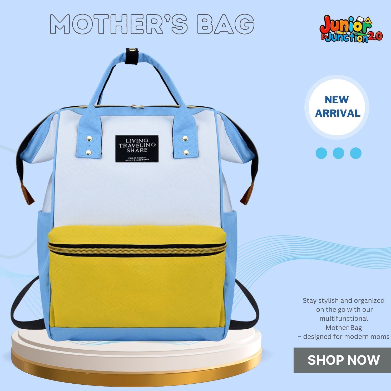 🎒 Modern Color-Block Multi-Function Mother’s Bag – Azure & Sunshine