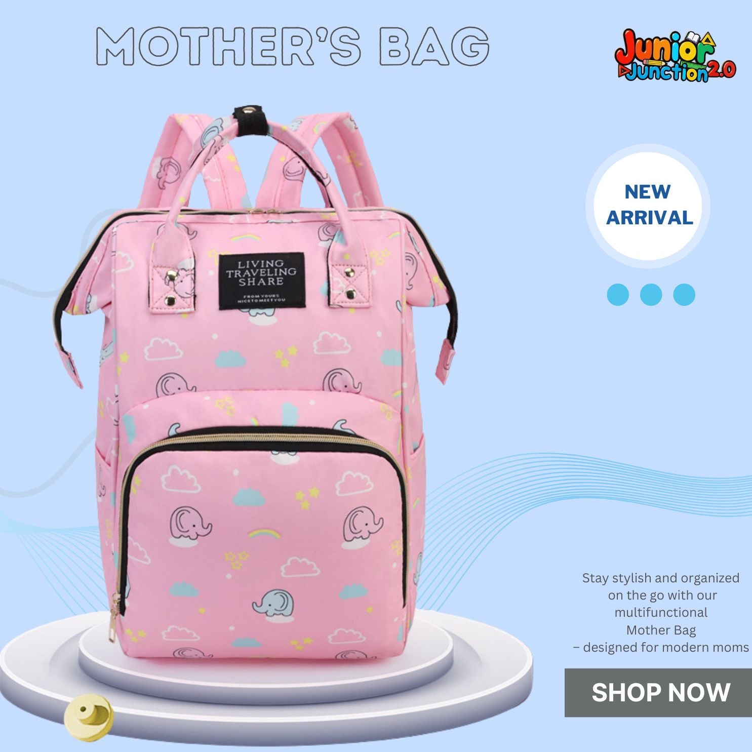 🐘 Whimsical Dream Multi-Function Mother’s Bag – Pink Clouds & Elephants
